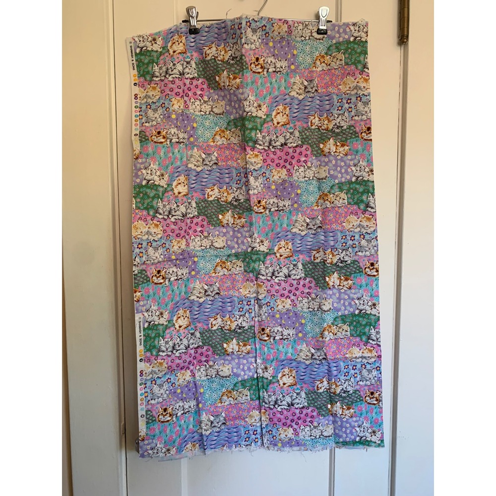 Shamash & Sons Vintage Kitten Cat Floral Fabric Remnant 42x35.5" Cotton Multi